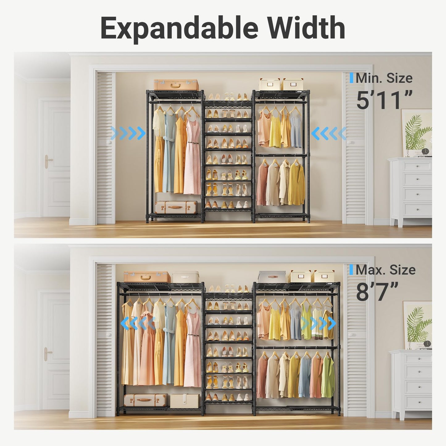 VIPEK S3X Expandable Clothes Rack, Industrial Pipe Closet System Adjustable from 5'11" to 8'7" with 6-Tier Shoe Shelves, Heavy Duty Garment Rack, Space Saving Wall Closet Organizer