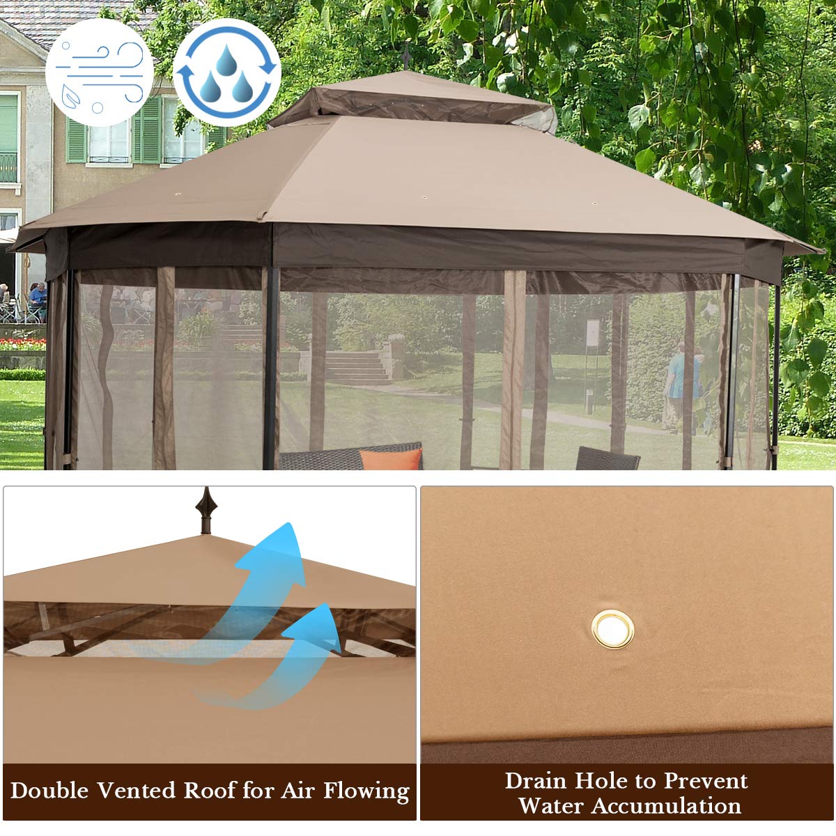 Tangkula 10 x 12 Ft Patio Gazebo, Heavy Duty Octagonal Canopy with Netting Sidewalls & Sturdy Steel Frame, Double Roof Vented Shelter for Backyard Event Party BBQ (Brown)