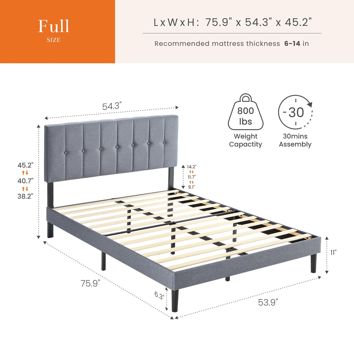 HAPPYMONT Full Size Bed Frame with Adjustable Upholstered Headboard, Fully Upholstered with Storage and Wood Slats Support, Noise-Free Platform, No Box Spring Needed, Easy Assembly, Grey