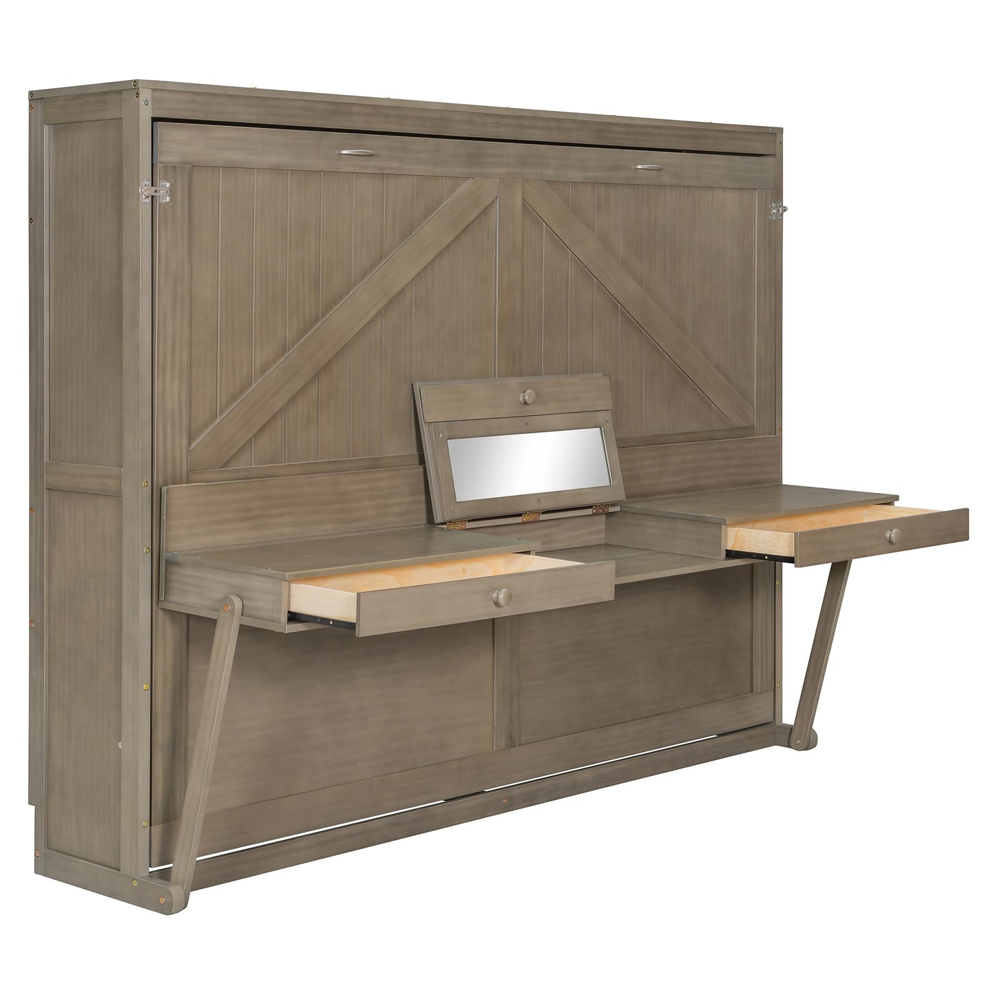 Merax Queen Size Murphy Bed with Vanity Desk, Foldable Murphy Cabinet Bed with Center Mirror and 2 Side Storage Drawers, Solid Wood Space-Saving Hidden Wall Bed Cabinet for Guest Room Office, Gray