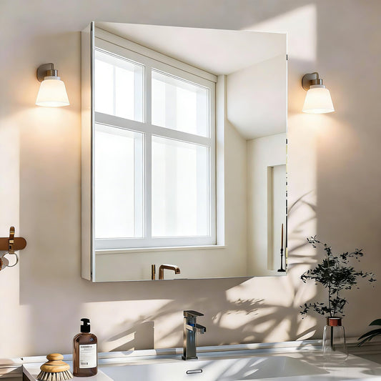 BEAUTYPEAK Bathroom Medicine Cabinet Mirror with Storage, 20 Inch x 24 Inch Silver Medicine Cabinet with Single Door & Adjustable Shelves for Vanity, Tempered, Aluminum Surface, Wall-mount or Recessed