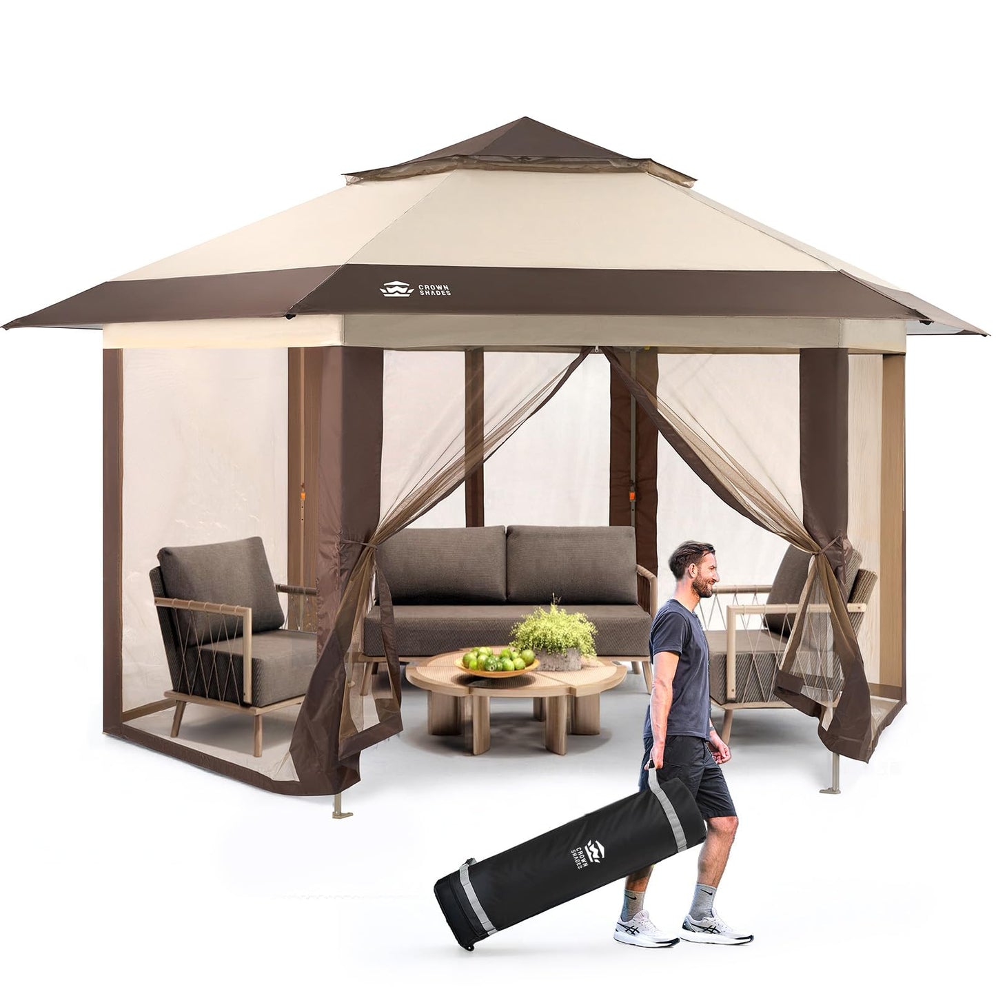 CROWN SHADES 13x13 Pop Up Gazebo with Mosquito Nettings, Patented CENTERLOK 6-Sided Portable Gazebo, 300D Silver-Coated Fabric UV Resistant, Pop Up Canopy Tent for Patio, Party, Beige&Coffee