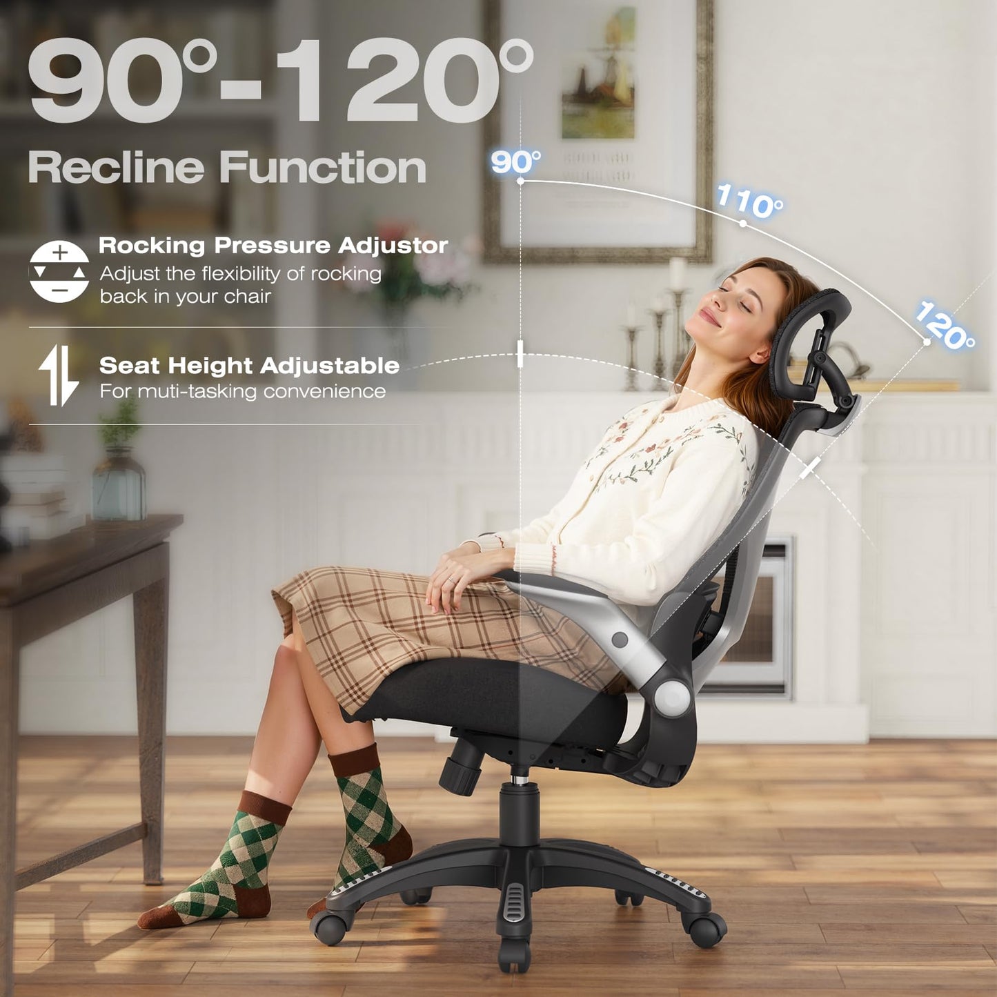 ELABEST X100 Ergonomic Mesh Office Chair, Big and Tall Hone Desk Chair with 5D Flip-Up Arms, Adjustable 3D Lumbar Support,Gaming & Executive Computer Chairs for Long Hours, Padded Seat