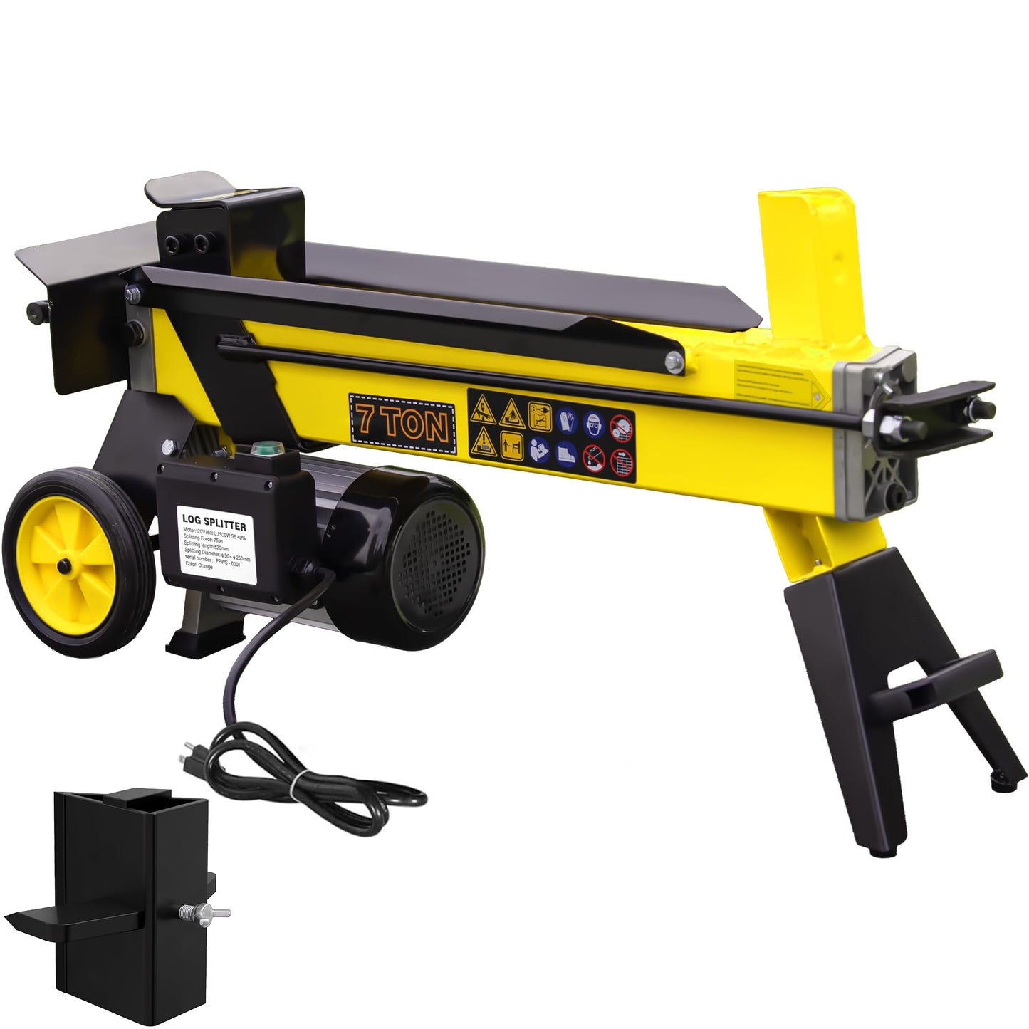 PPOLB 7 Ton Electric Wood Splitter, 15Amp Hydraulic Log Splitter with Detachable Cross Blade Cutting Head, Portable Firewood Splitter, Compact Horizontal Design for Backyard, Garage, Cabin - Yellow