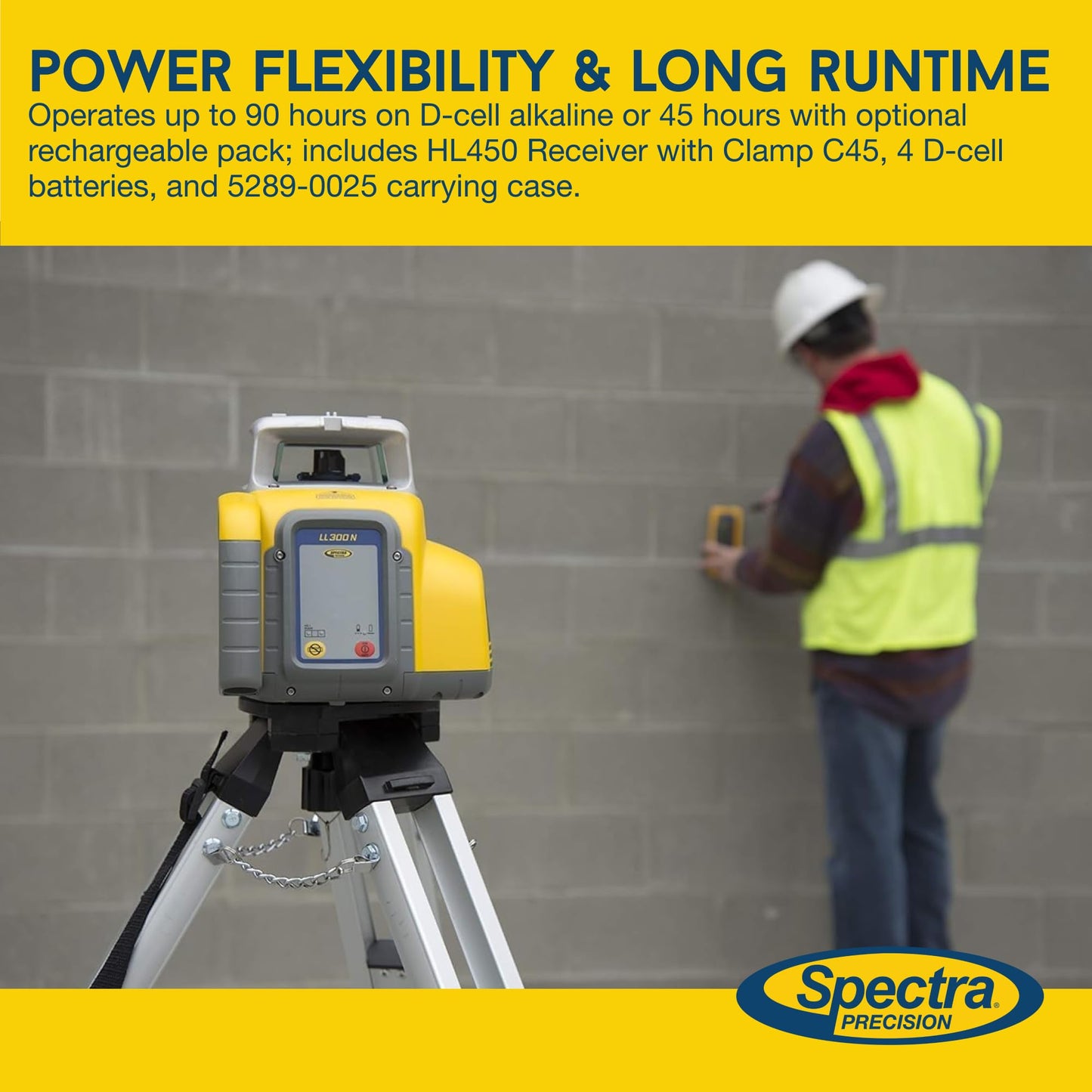 Spectra Precision LL300N Self-Leveling Rotary Laser with HL450 Professional - Receiver, Small Case - Rugged IP66 Job-Site Performance