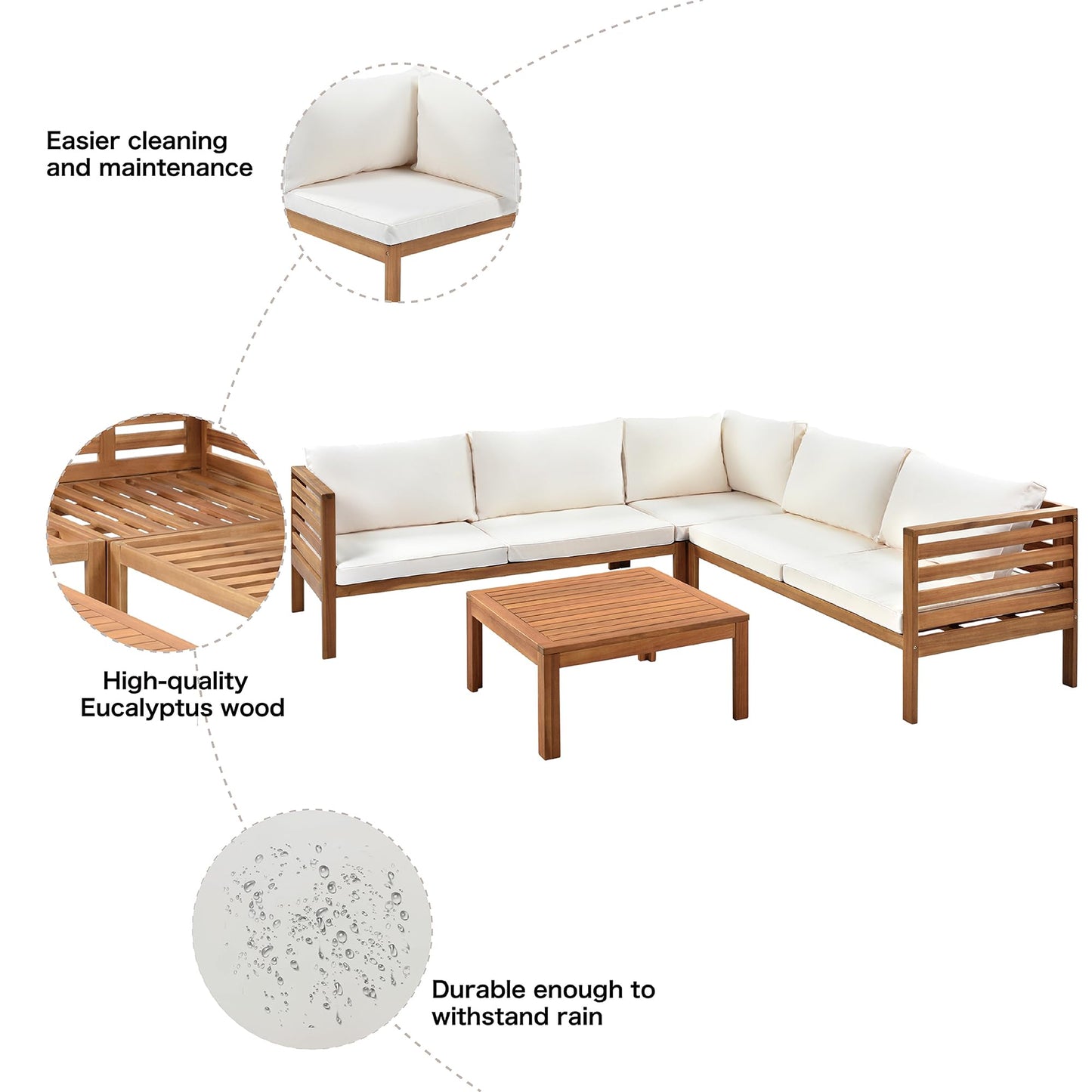 Wood Outdoor Sofa Set with Beige Cushions, Japanese Style Acacia Wood Frame, Water-Resistant UV-Protected Seats, Strong Metal Accessories, Flexible Modular Sectional for Garden Gazebo Patio