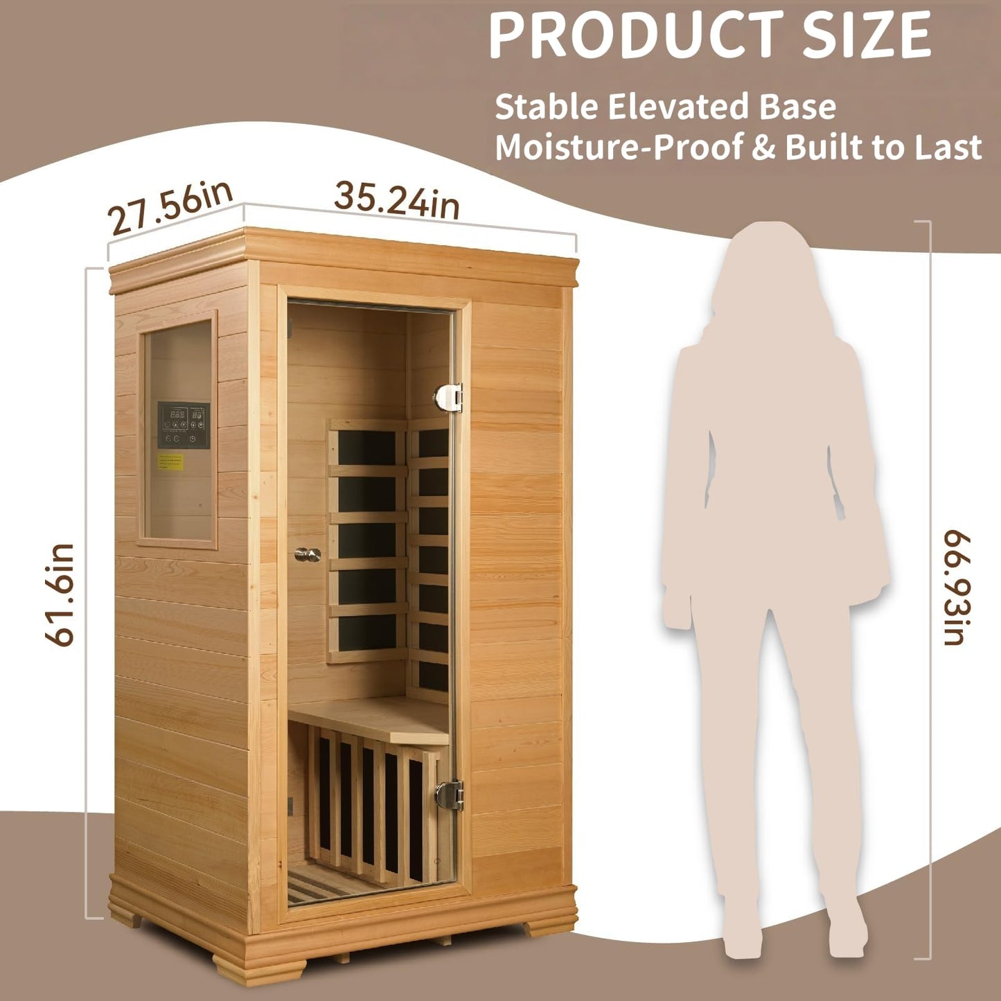 Royal Saunas Hongyuan 1 Person Infrared Sauna Room Indoor, 960W Home Sauna, Canadian Hemlock Wood, Low EMF Heating, BT Audio, LED Reading Light, Compact Spa 35"x27"x61"