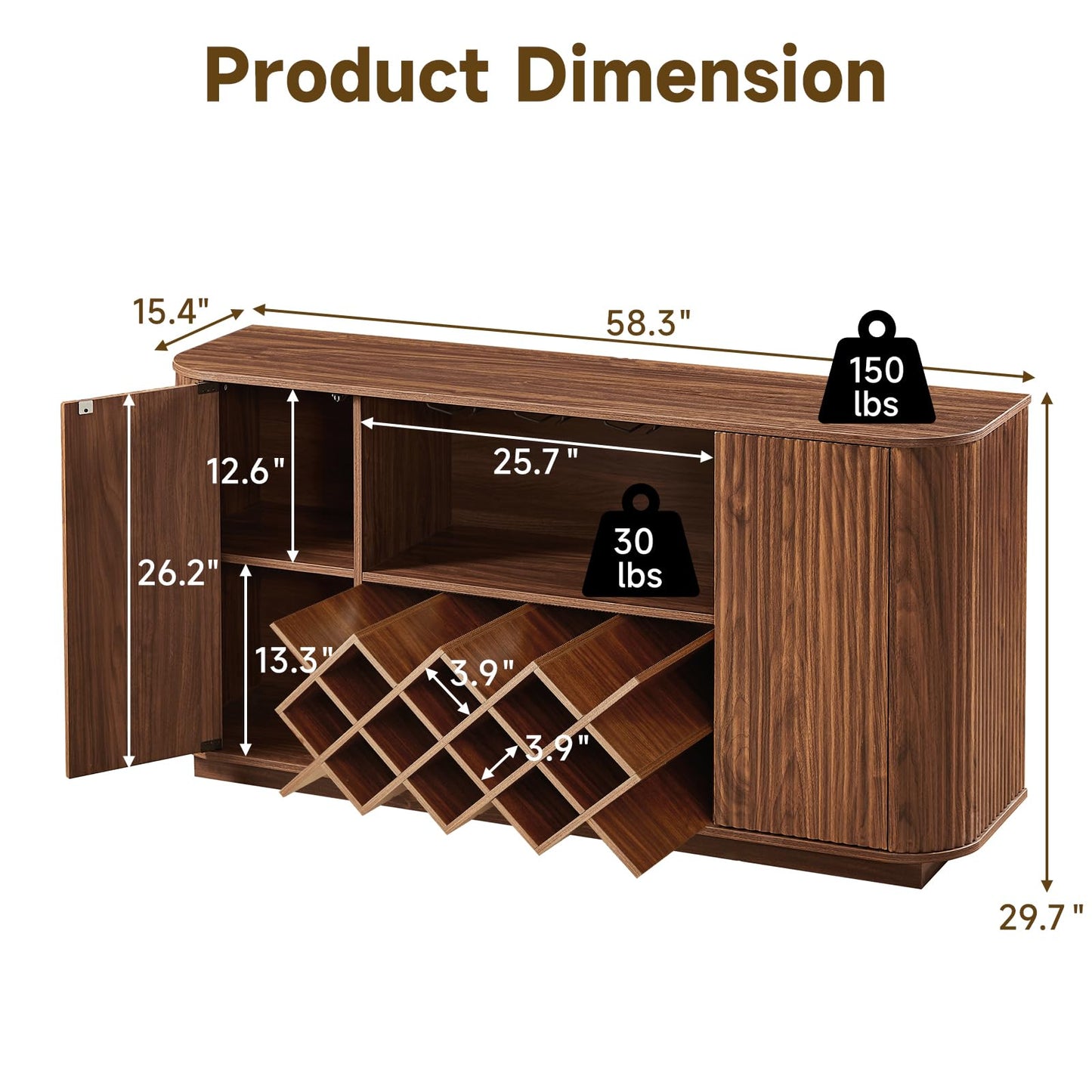 Rovibek Fluted Wine Bar Cabinet with Storage, 58" Buffet Sideboard Cabinet Sideboard with Wine Rack & Glass Holder, Farmhouse Wine and Coffee Bar Cabinet for Living Room, Kitchen, Walnut