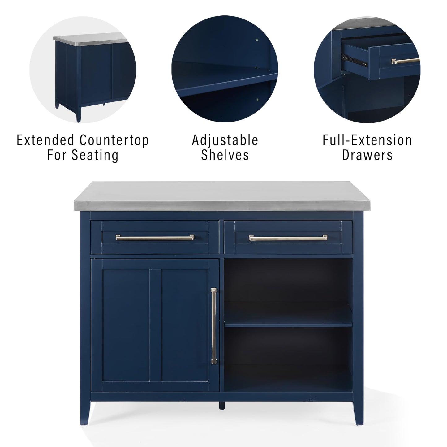 Crosley Furniture Silvia Stainless Steel Top Kitchen Island, Microwave Stand, Coffee Bar, with Shelves, Navy/Stainless Steel
