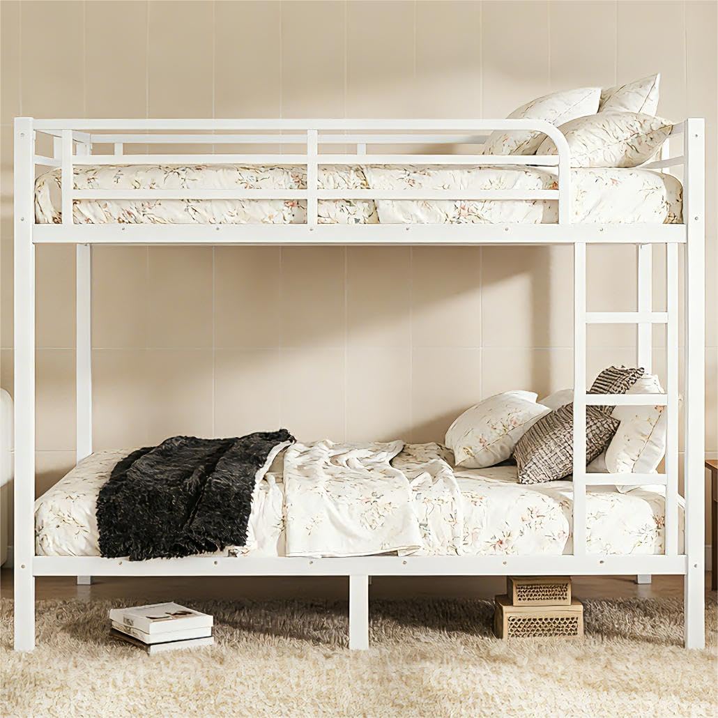 Bellemave Metal Full XL Over Full XL Bunk Beds with High Guardrail & Under-Bed Storage, Heavy Duty Full Size Bunk Bed Frame, Bunk Bed Full XL Over Full XL for Adults, No Box Spring Needed, White