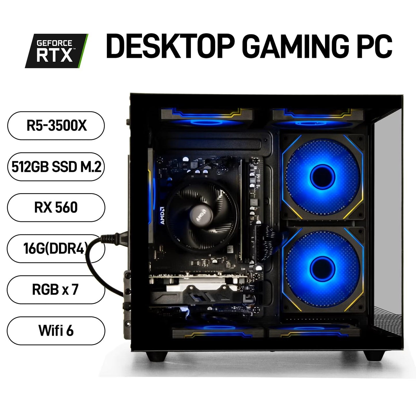 suevery Prebuilt Gaming PC, Black, Ryzen5 6Cores 3.6G-4.1G, DDR4 3200MHz 16G RAM, NVMe 512G SSD, Radeon RX560 4G, WIFI6 Desktop Computers Business Home
