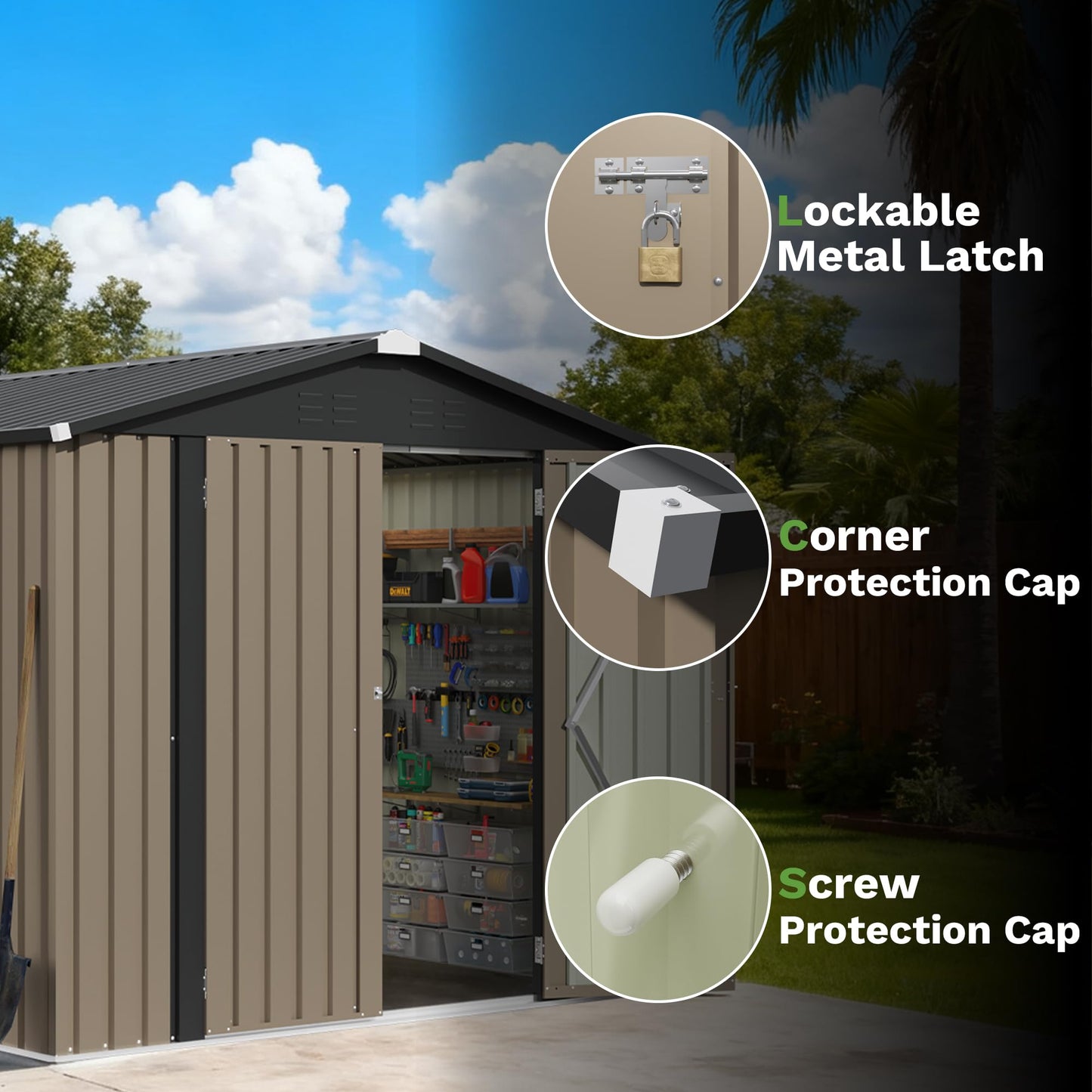 Patiowell 8x8 FT Storage Shed with Lockable Door, Metal Tool Outdoor Sheds with Sloping Roof, Modern Utility Patio Shed for Lawn Garden Backyard, Brown