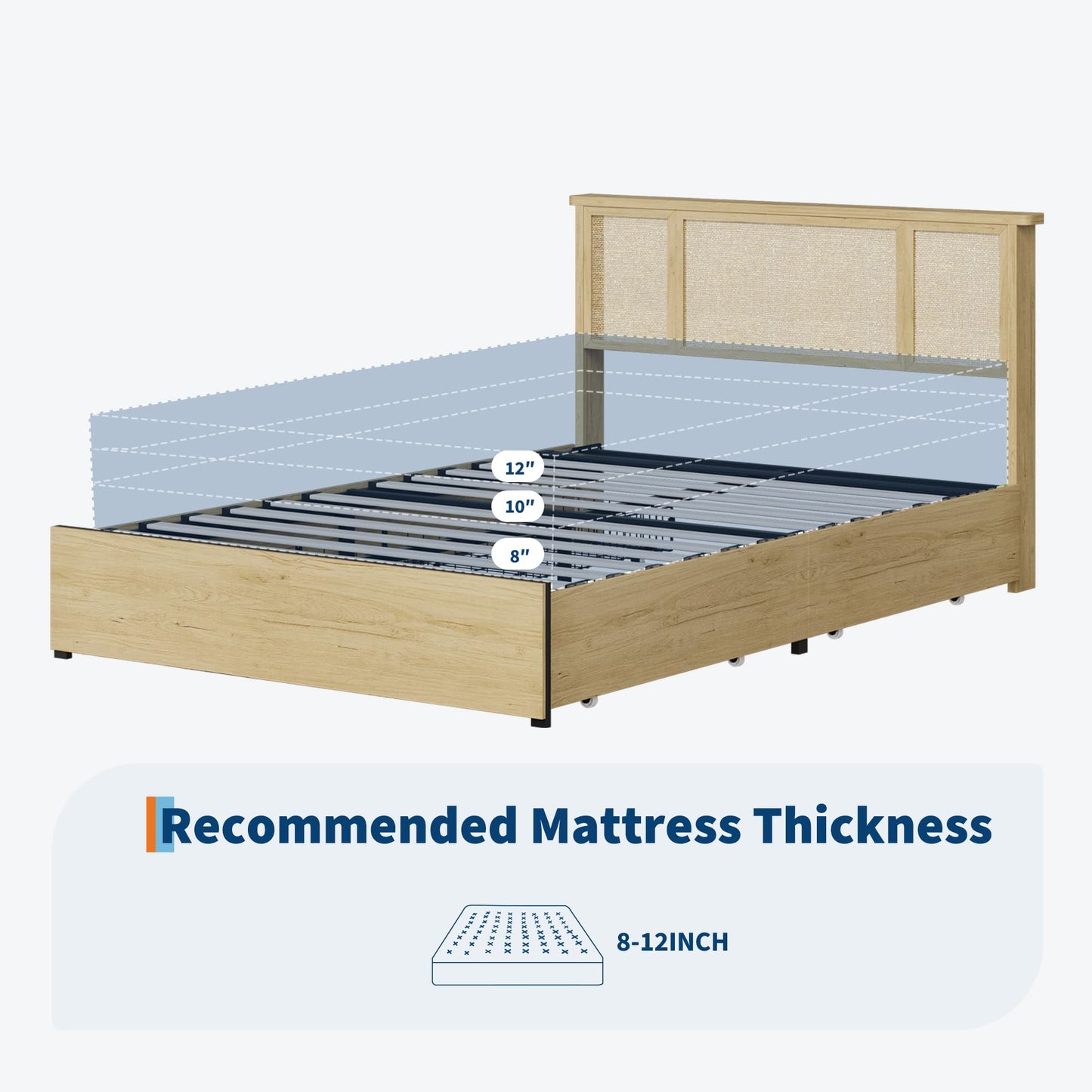GarveeLife Full Size Boho Rattan Platform Bed Frame, Premium Cane Weave Headboard Design, Reinforced Metal Foundation Support, Space Saving Pull Out Drawers for Storage, Modern Bedroom Furniture Set