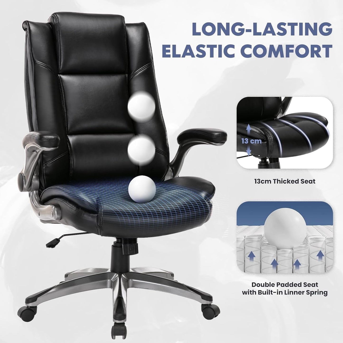 COLAMY Leather Executive Office Chair - High Back Ergonomic Home Computer Desk Chair with Padded Flip-up Arms, Adjustable Tilt Lock, Swivel Rolling Chair for Adult Working Study, Brown