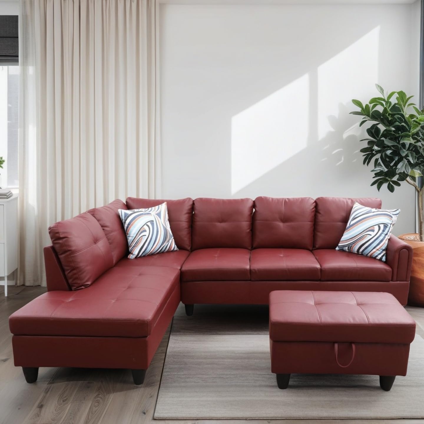 Trygoal 97" L Shaped Couch Sectional Couches with Chaise and Storage Ottoman, 3 Pieces Modular Convertible Sofa for Living Room Furniture Sets and Small Apartment Faux Leather, Ruby