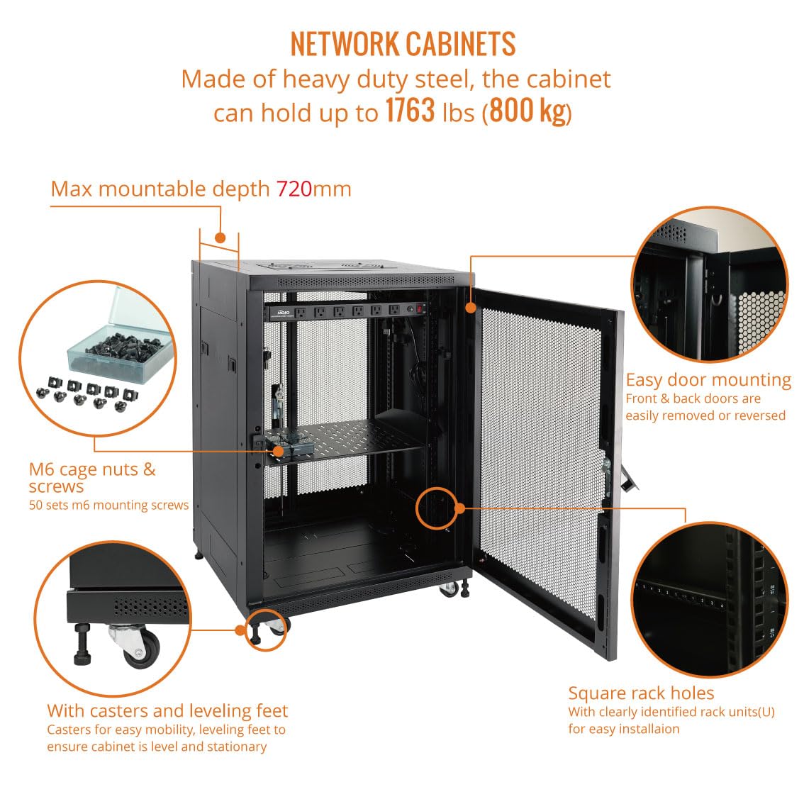 Tecmojo Fully Assembled 18U Network Cabinet AV Rack Enclosure with Casters/Locking Doors with Dual Fan, PDU and Cantilever Shelf (31.5inch DEEP Mesh Door)