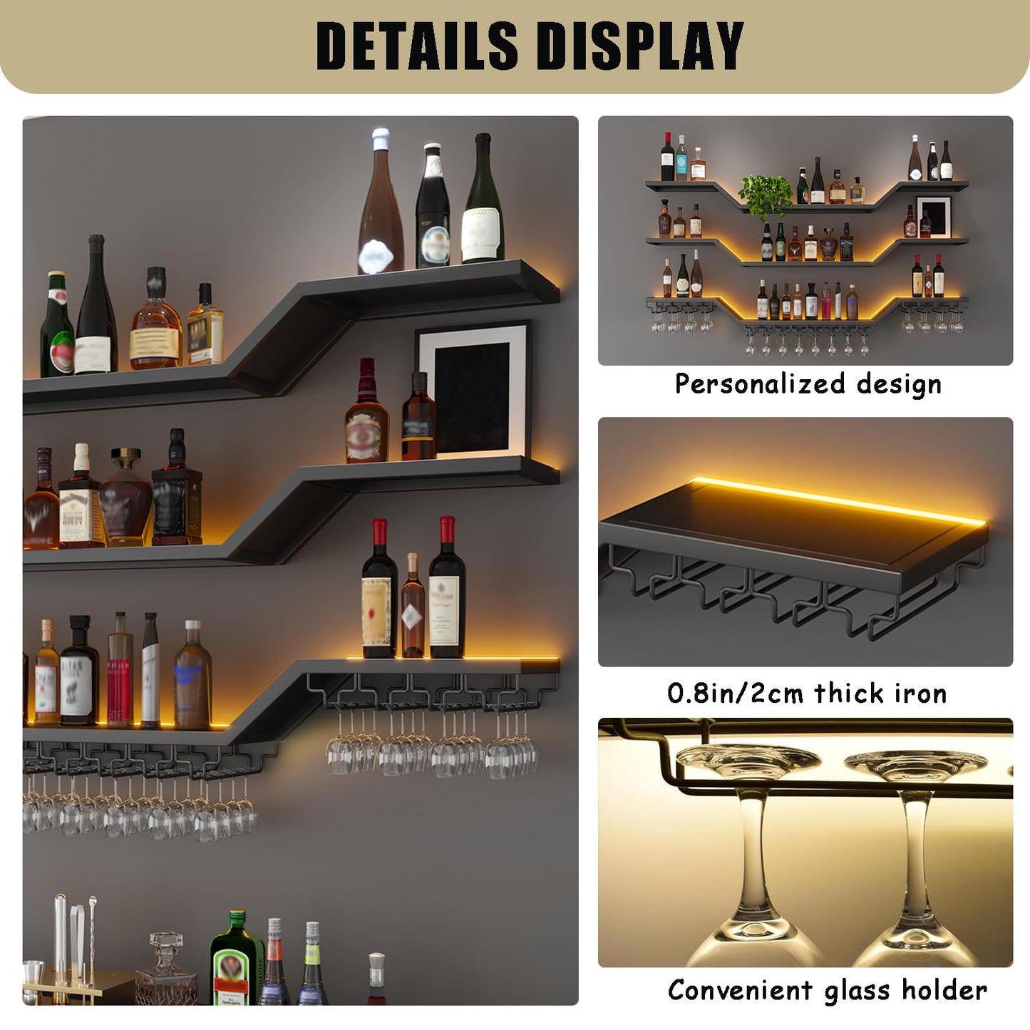 [Fully Assembled] 63" Modern LED Wine Rack Wall Mounted - No Assembly Needed 3-Tier Floating Bar Shelves with Wine Glass Rack & Hanging Liquor Shelf, for Home Bar Dining Room Cafe (Black, 63in/160cm)