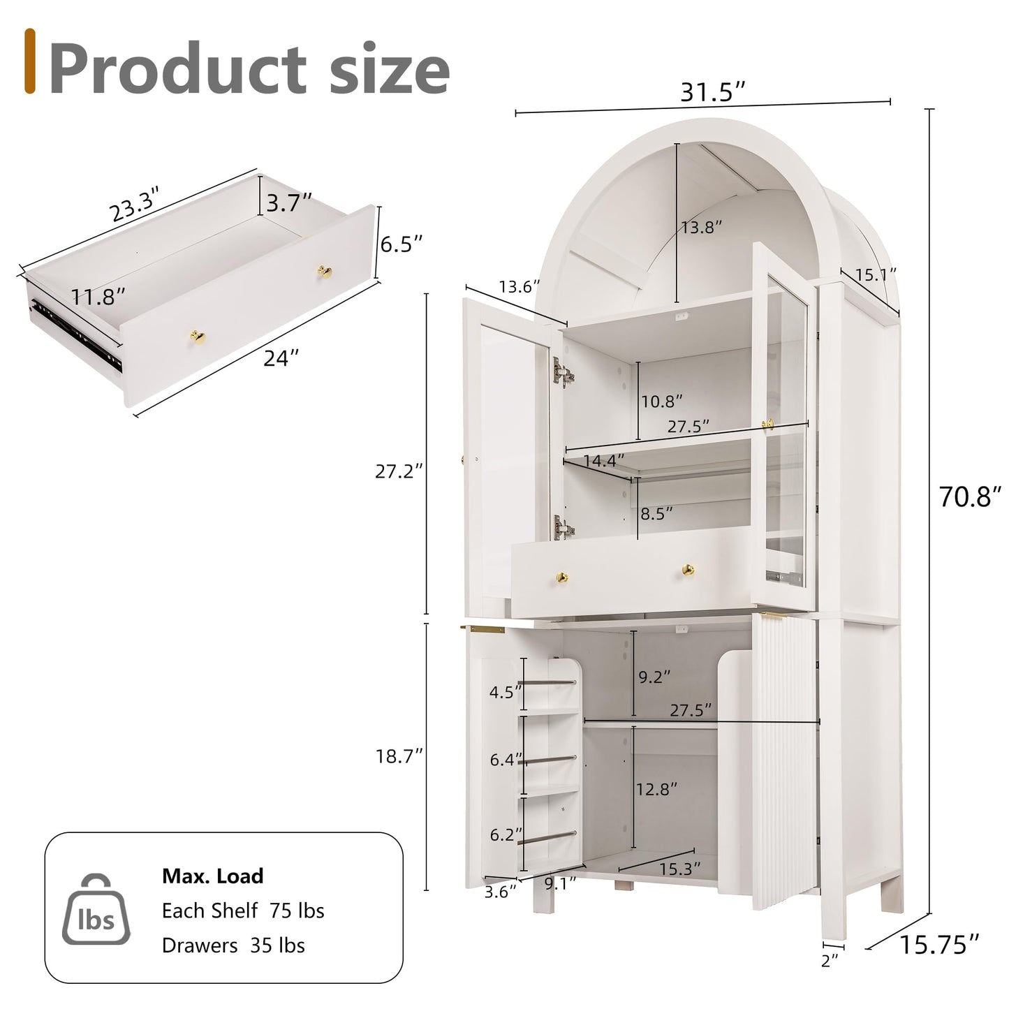 KEIKI 71" Tall Arched Kitchen Pantry Cabinet with Glass Door,Hidden Drawer,Farmhouse Storage with Adjustable Shelves Design for Kitchen,Living & Dining Room