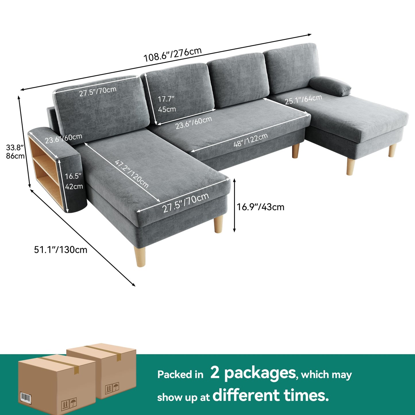 YITAHOME 109" U-Shaped Couch, 4-Seat Cloud Sofa with Dual Chaise Lounges, Storage Armrest, Cup Holder & Thick Cushions for Living Room