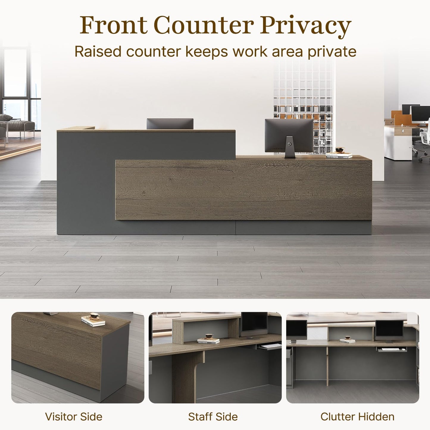 Nuipesn 79" Modern L-Shaped Reception Desk, Front Desk Counter with Drawer, Keyboard Tray and Storage Shelves, Right Layout, Tobacco Wood and Iron Gray