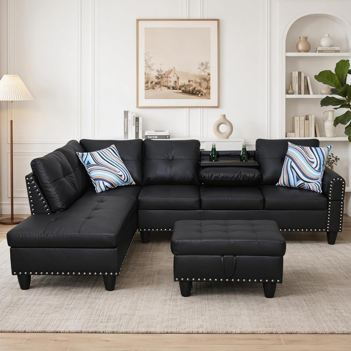 Trygoal 97.5" L-Shaped Modular Sectional Sofa with Movable Chaise & Storage Ottoman, 3 Piece Convertible Leather Couch, 4 Seat Gloss Black Living Room Furniture Set for Apartment Home Office