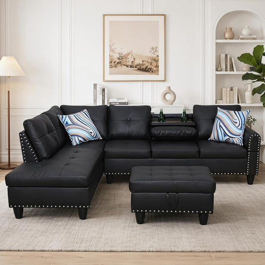 Trygoal 97.5" L-Shaped Modular Sectional Sofa with Movable Chaise & Storage Ottoman, 3 Piece Convertible Leather Couch, 4 Seat Gloss Black Living Room Furniture Set for Apartment Home Office