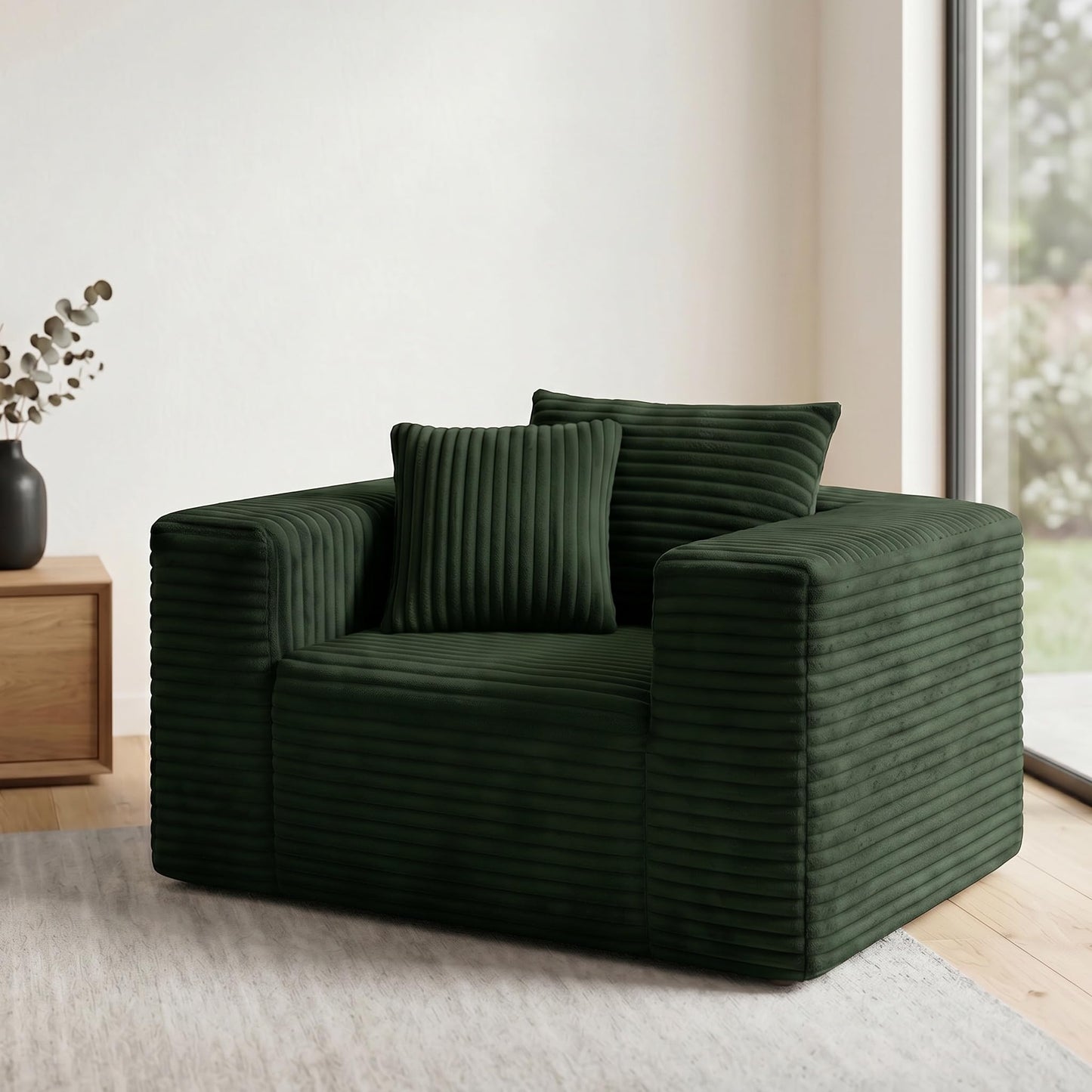 Trygoal Boneless Single Sofa Chair for Adult, Corduroy Cloud Lounge Chair with 2 Pillows & Wide Armrests, High-Density Foam Reading Couches for Living Room & Office, No Assembly Required, Green
