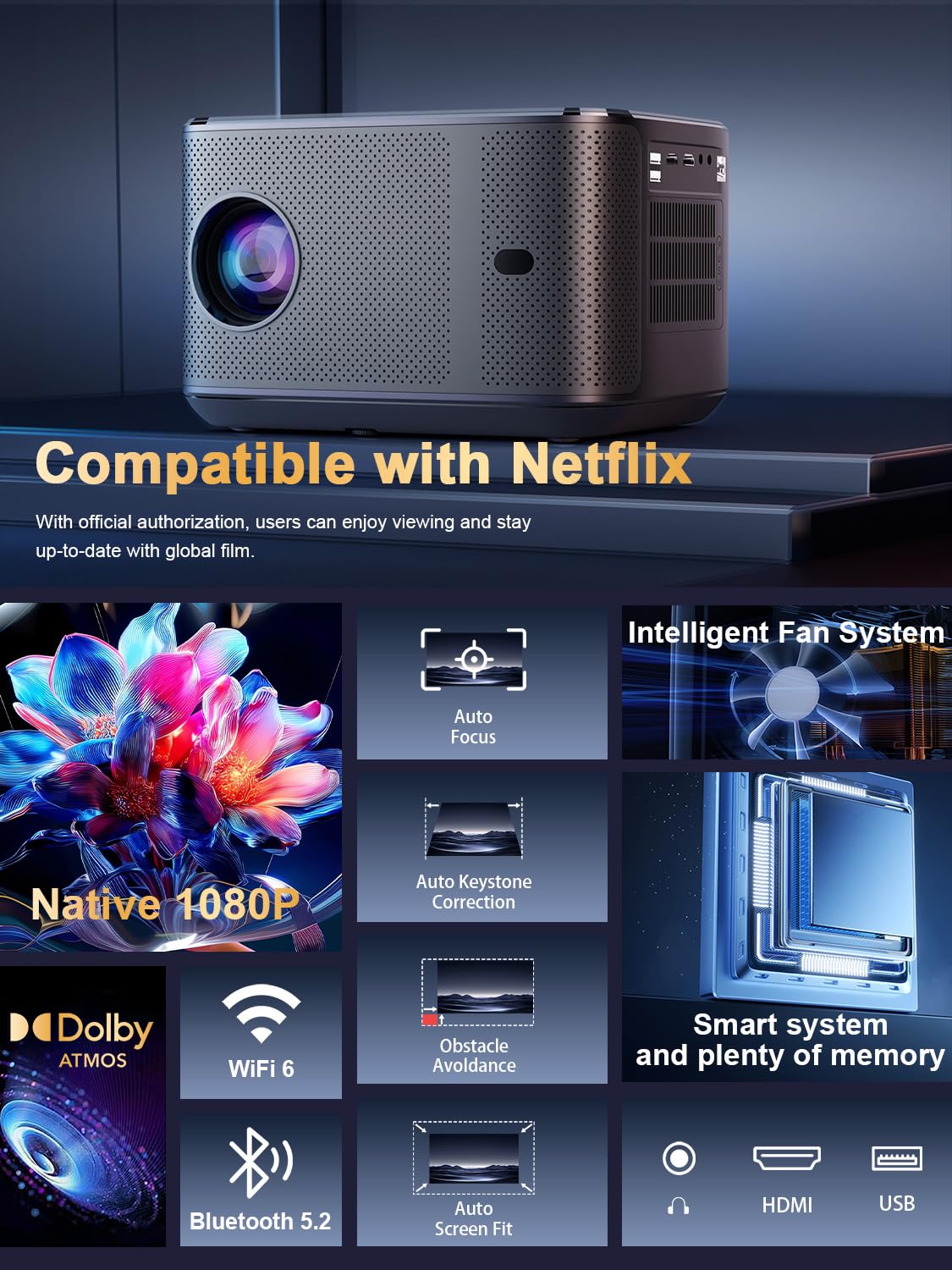 Polaring Native 1080P Projector with Official Licensed Netflix, 4K Supported Smart Movie Projector with WiFi and Bluetooth,Auto Focus/Keystone, Sealed Optical Engine for Home Theater & Bedroom