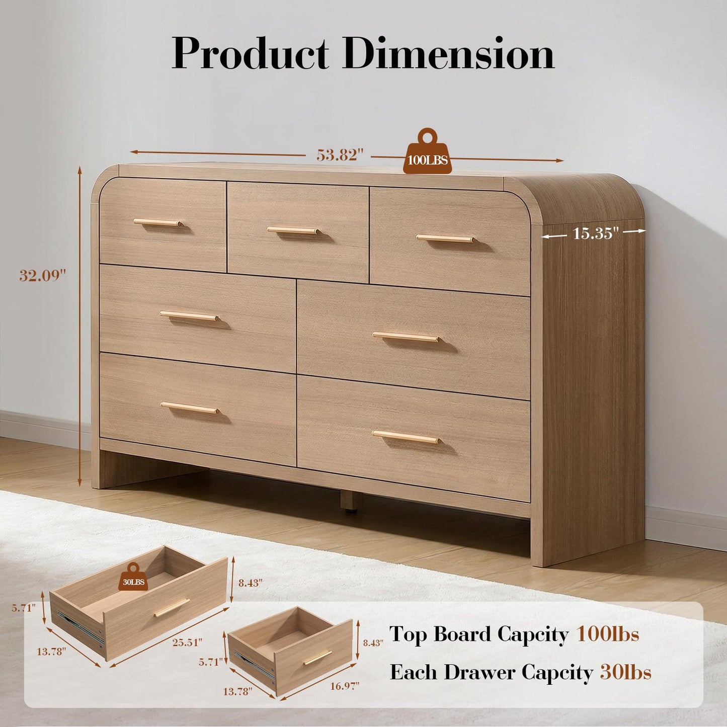 EliteSet Curved 7 Drawer Dresser for Bedroom, 53.82'' Wide Chest of Drawers, Modern Storage Cabinet for Hallway & Living Room TV Stand, FSC Certified 1.18" Thick Board, 100 lbs Top Weight, Oak