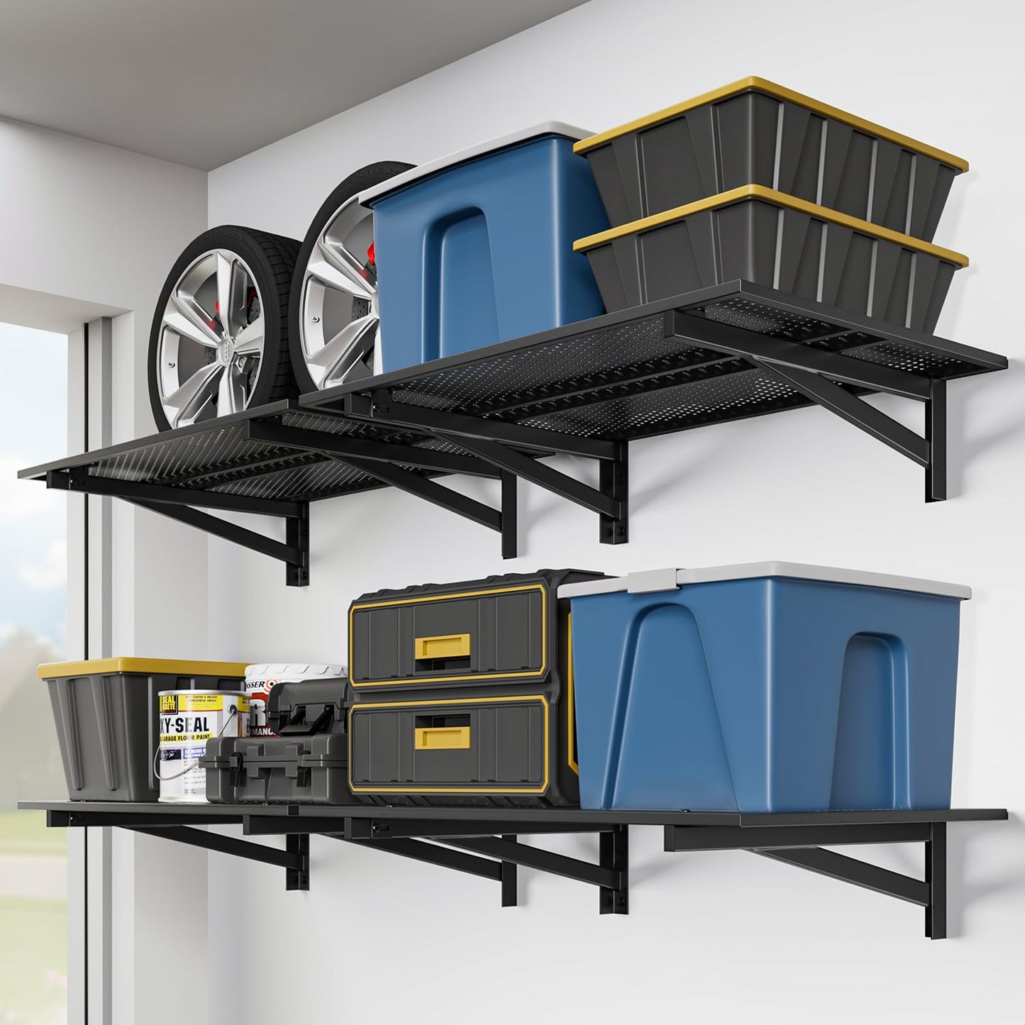 Jusgym 4 Pack Heavy Duty Garage Wall Shelving (2x3ft), 1400lbs Capacity Garage Shelving Wall Mounted, 24"x72"Garage Storage Rack Floating Shelves, Black