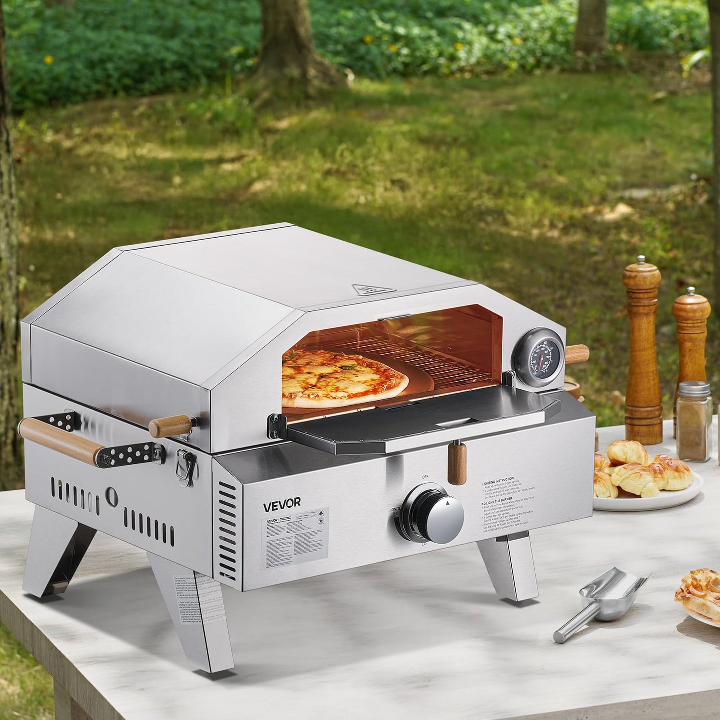 VEVOR 2 IN 1 Outdoor Pizza Oven, 13 in Propane Pizza Oven & Grill, 12,000 BTU Tabletop Propane Gas Oven with Pizza-Stone, Thermometer, Stainless Steel Portable Grill, for Camping & Backyard