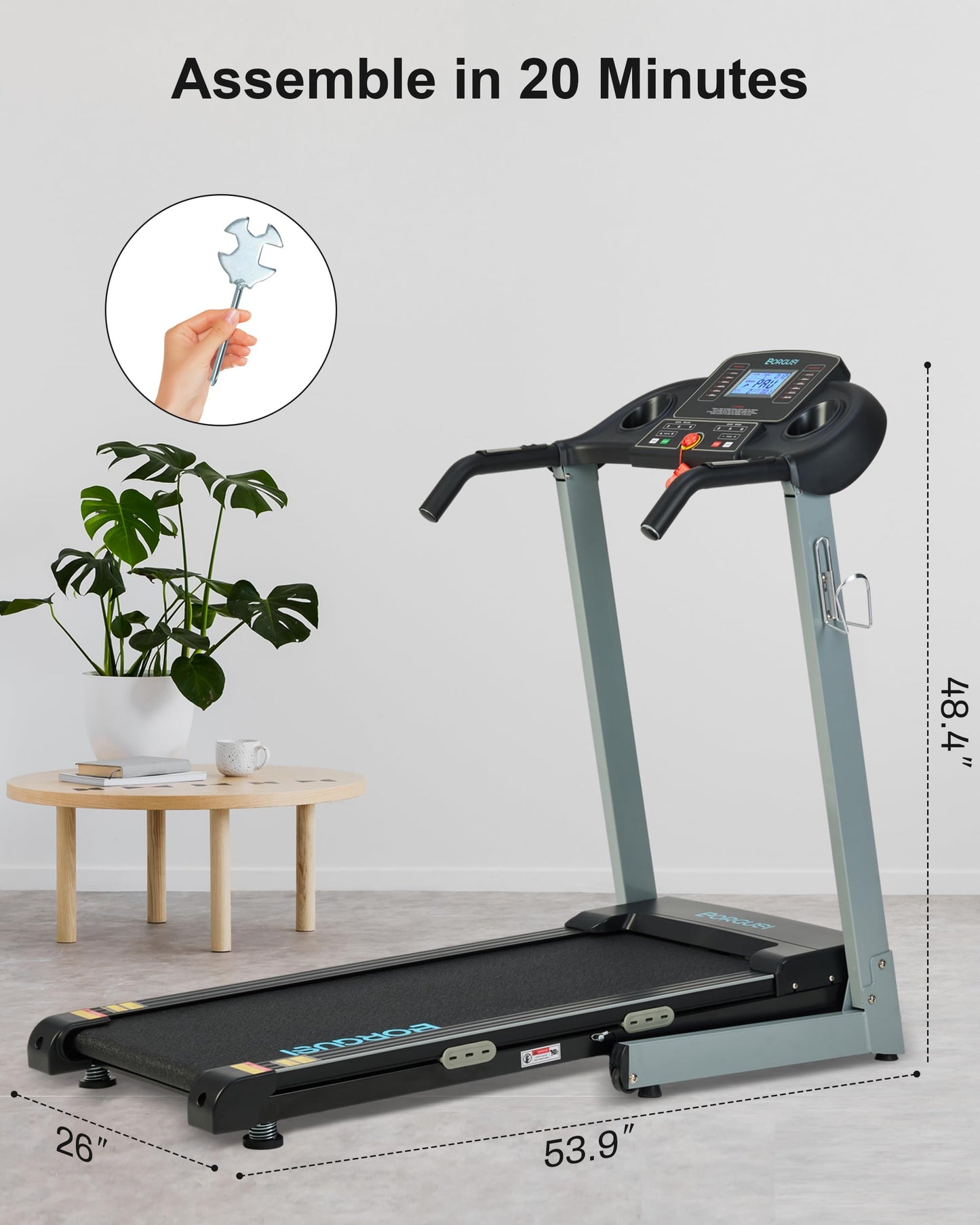 BORGUSI Auto Incline Treadmill with 300 LBS Capacity, 3HP Folding Electric Treadmills for Home, Running Machine with 17.5 Wide Belt, Shock Absorption, 36 Preset Programs, Bluetooth Speaker, Grey