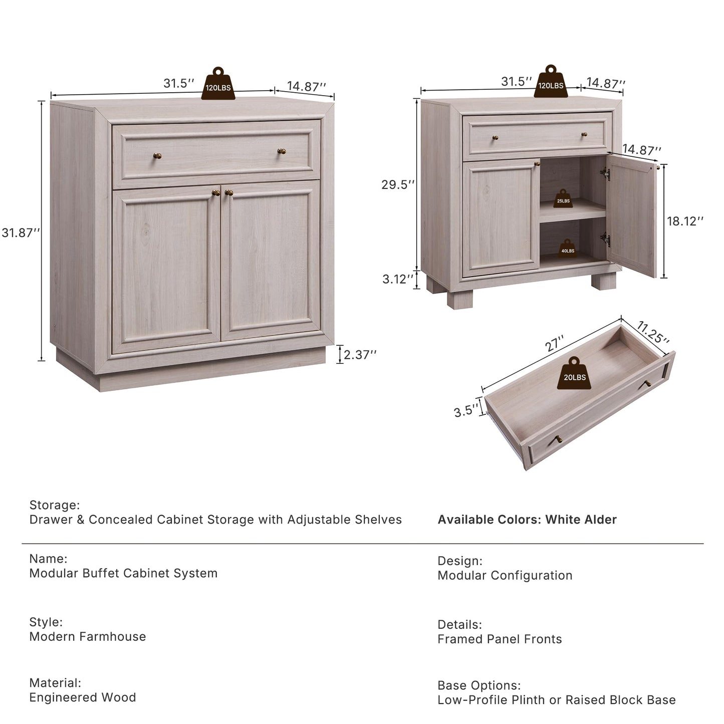 ACCOHOHO Modern Farmhouse Buffet Cabinet, 63" Sideboard Credenza, Modular Storage Cabinet with Framed Panel Fronts, 4 Doors, 2 Drawers, Adjustable Shelves & Dual Base Design, White Alder