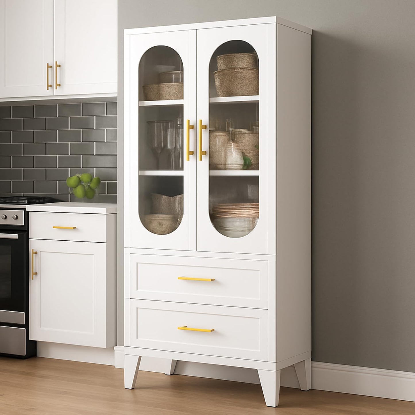 GarveeLife Tall Pantry Cabinet 73" h x 14" d, White Freestanding Storage Cabinet with 2 Large Drawers & Adjustable Shelves & Fluted Glass Door for Kitchen, Bathroom, Office & Hallway