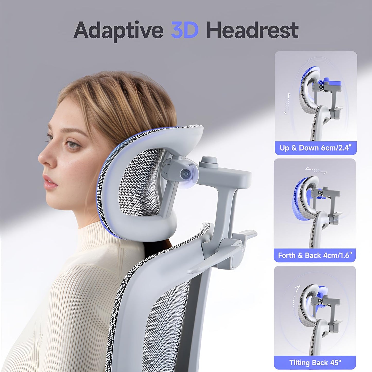 LarkLeaves Office Chair with Footrest, Ergonomic Chair with 3D Headrest, Computer Chair with Adjustable Backrest & 3D Armrest, Gaming Chair with Adaptive Lumbar Support, Mesh Backrest & Cushion, Grey