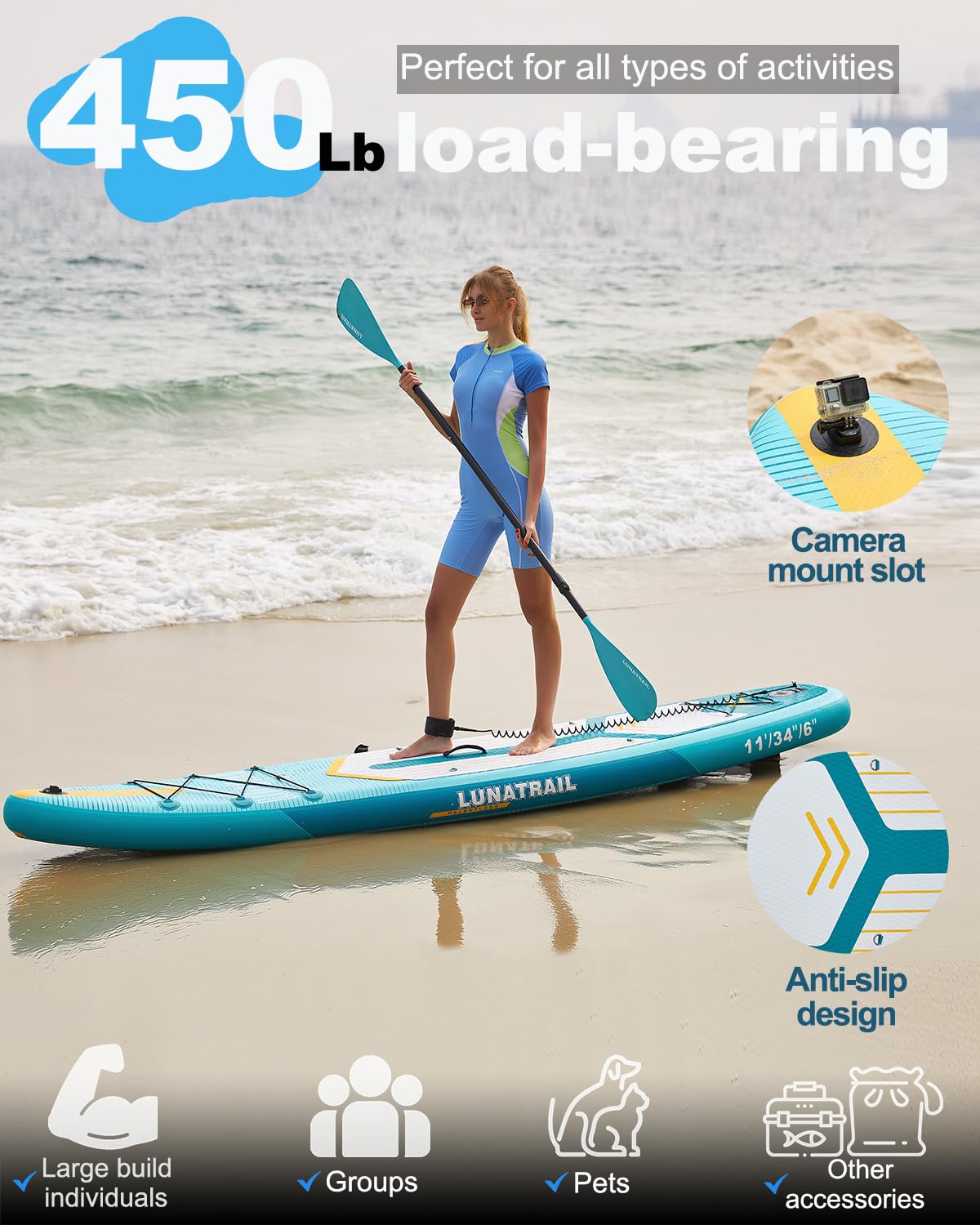 【11'×34"】 Extra Long/Extra Wide Premium Inflatable Stand Up Paddle Board (SUP) – Portable & Lightweight for Yoga, Surfing, Family Fun | Complete Kit with Paddle, Pump, Bag | Durable Design