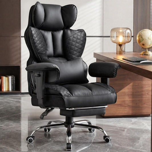GTPOFFICE Big and Tall Office Chair 400LBS Wide Seat Computer Gaming Chair with Footrest & Comfy Lumbar Support, Leather High Back Executive Chair with Ergonomic Pressure Relief Seat Cushion, Black