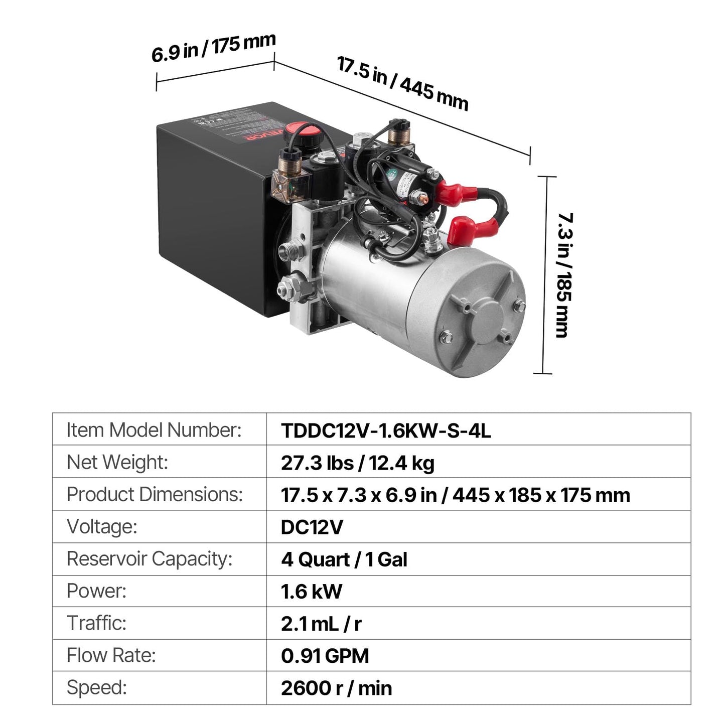 VEVOR 4 Quart Hydraulic Power Unit, Double Acting Dump Trailer Pump, 3200 PSI Max Relief Pressure & 0.91 GPM Flow Rate, DC 12V Hydraulic Pump with Metal Reservoir for Dump Trailer Car Lifting, Black