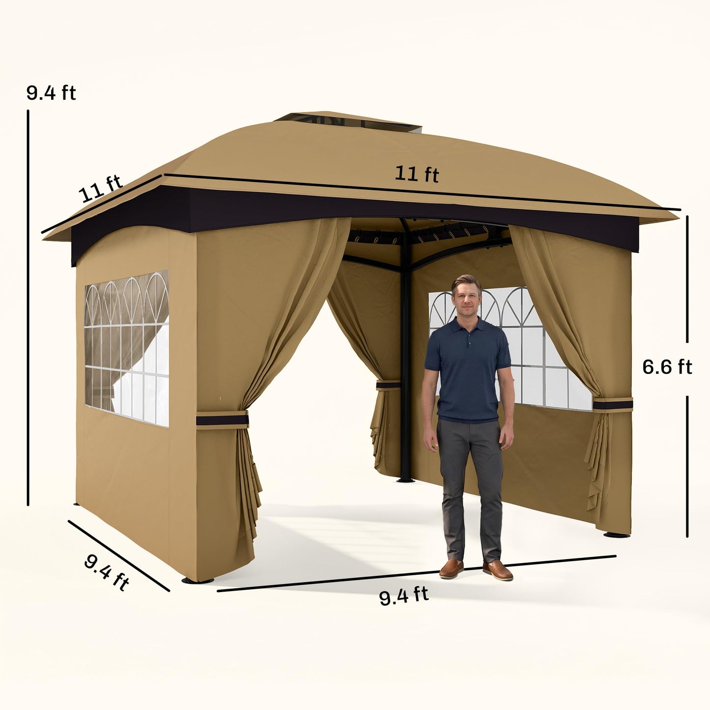 Outsunny 11' x 11' Outdoor Gazebo, Arc Patio Gazebo Canopy Shelter, UV Protected, with Curtains, Church Windows, Double Roof, Galvanized Steel Frame for Lawn, Backyard and Deck, Beige
