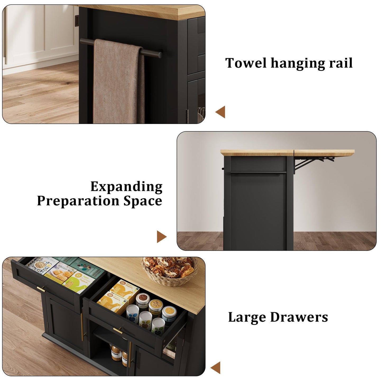 IDEALHOUSE Mobile Kitchen Island Cart with Storage & Drop Leaf - Rolling Kitchen Cabinet with Drawer, Shelf & Spice Rack for Dining Room (Black & Natural)