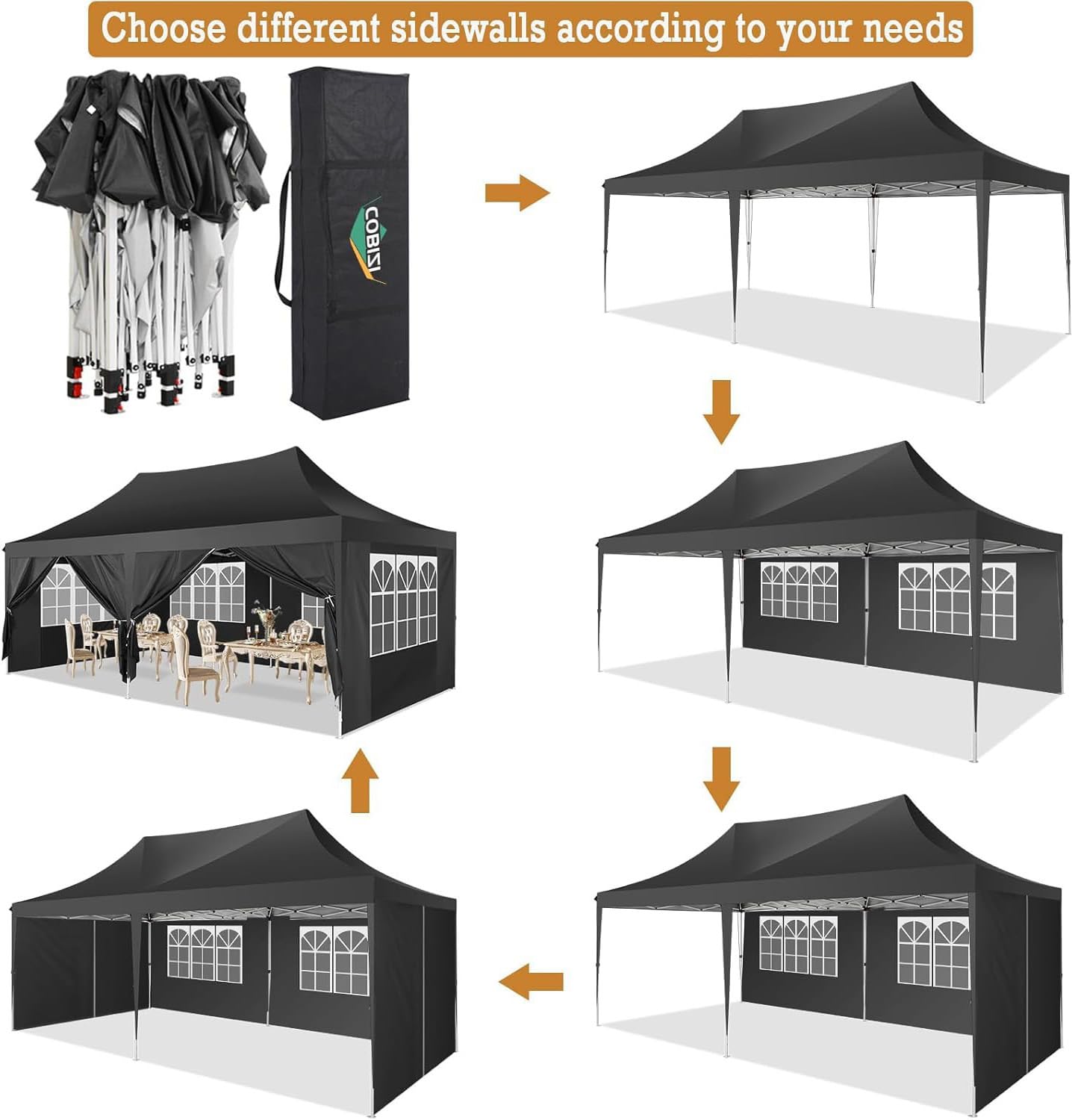 COBIZI 10x20 Pop Up Canopy with 6 Sidewalls,10x20 Canopy Tent Frame Upgraded with 3 Adjustable Heights,Waterproof UV50+ Outdoor Party Commercial Ez Up Gazebos with Carry Bag(10 x 20 ft Black)