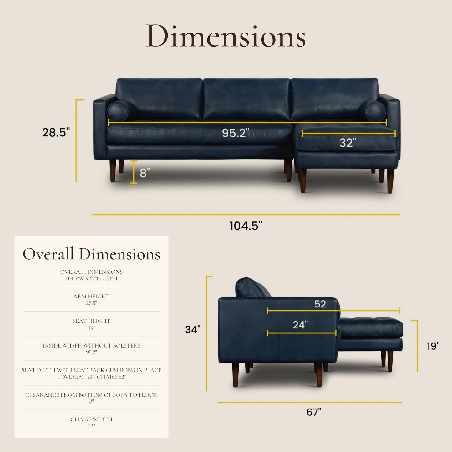 Poly & BARK Napa Right-Facing Sectional Sofa – 104.5” Italian Leather Sectional with Chaise – Midnight Blue – Full-Grain Pure-Aniline & Semi-Aniline Upholstery