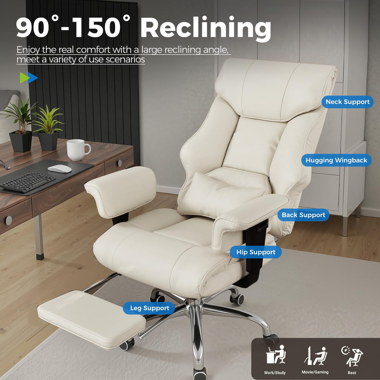 GTPLAYER Big and Tall Gaming Chair 400lbs Heavy Duty Office Chair with Foot Rest & Ergonomic Pocket Spring Cushion, High Back Lumbar Support for Lower Back Pain Relief, Beige