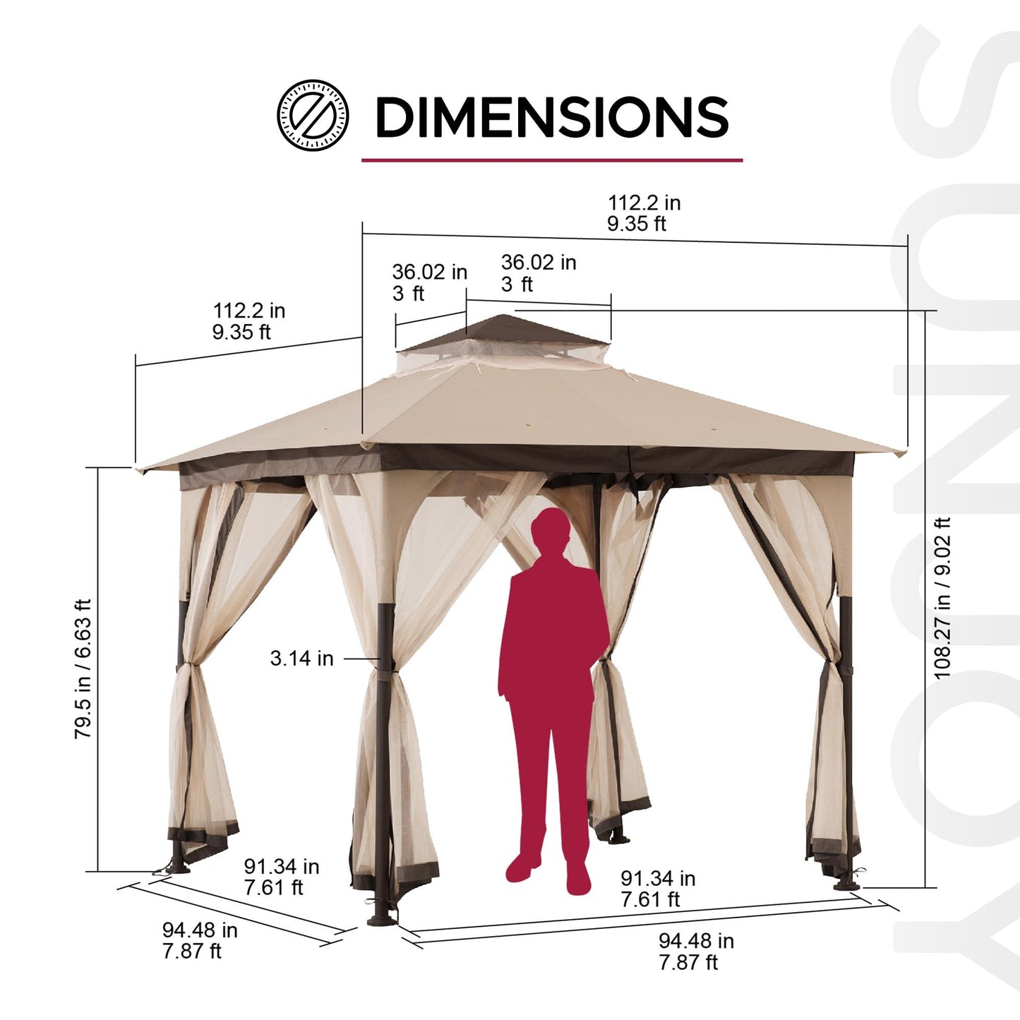 Sunjoy 9 ft. x 9 ft. Gazebo with 2-Tier Canopy Roof, Steel Frame Soft top Gazebo with Ceiling Hook and Mosquito Netting, Tan and Brown