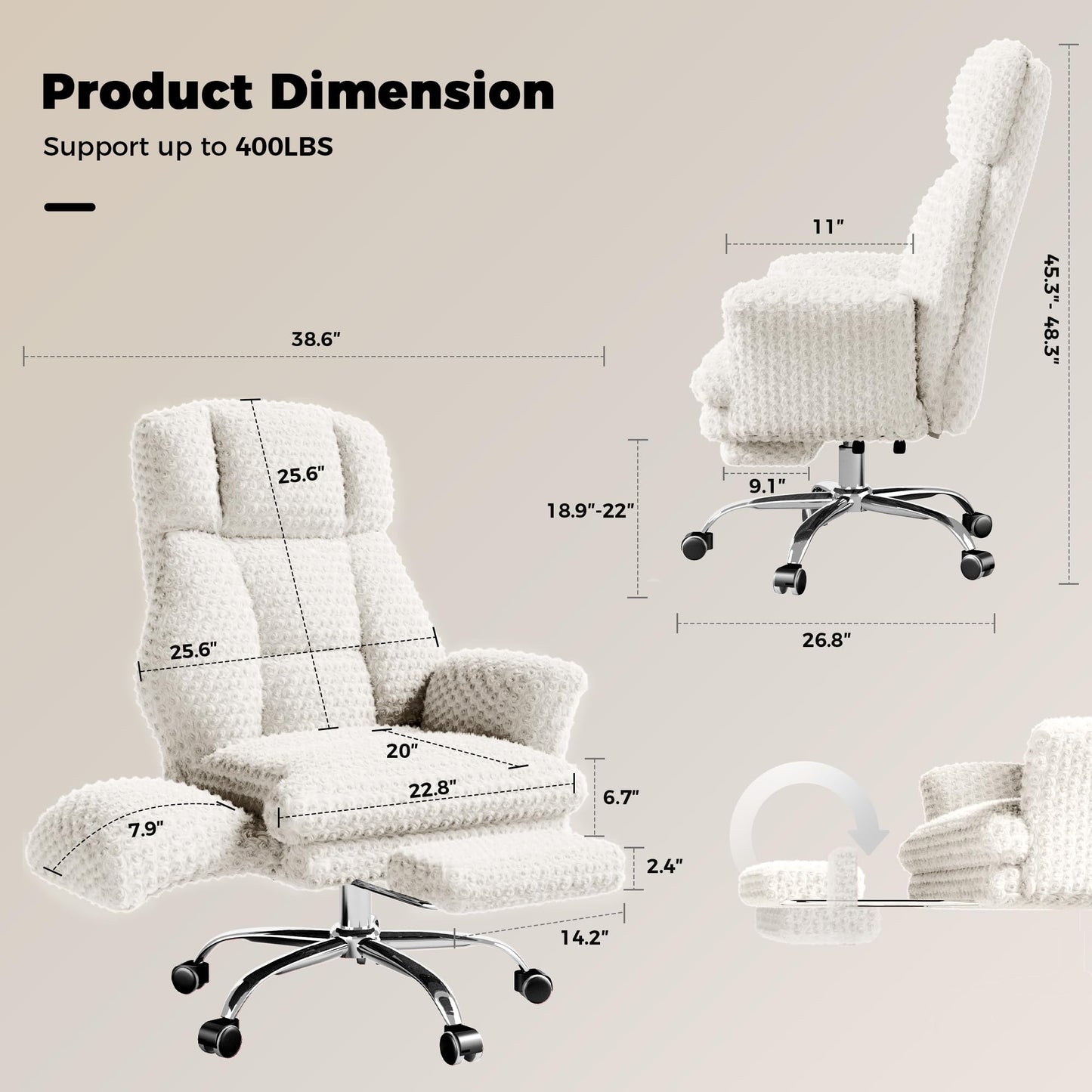 HOMRELEXA Big and Tall Office Chair, Flip Armrests for Pets & Cross Legged Sitting, Executive Ergonomic Computer Gaming Chair with Foot Rest, White Rose Velvet Wide Seat Reclining Desk Chair