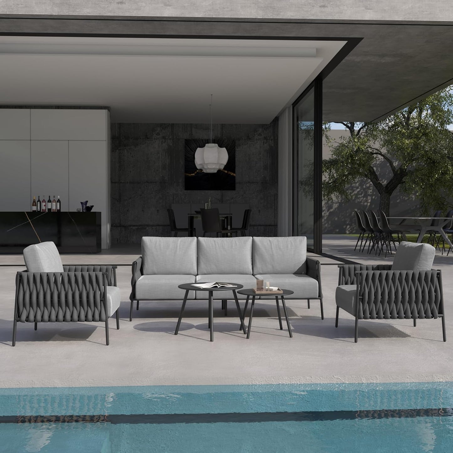 EAST OAK Life Chatter Patio Furniture Set 5 Pieces, Outdoor Furniture 5-Seat Sofa with Two Round Coffee Table, Waterproof Thick Cushion Deep Seating for Porch, Balcony, Earth Black & Misty Grey