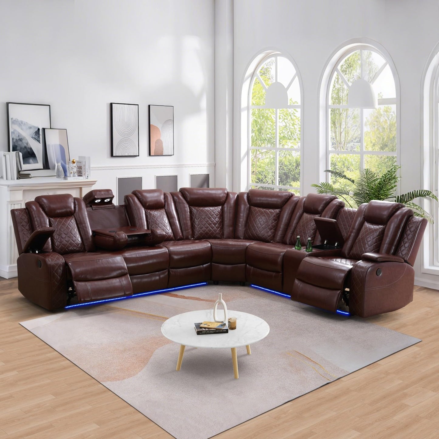 Reclining Sectional, Power Sectional Couch, Leather Sofa Set for Living Room, Comfy Home Theater Seating with USB 2.0 Charging Ports, LED Light Strips, Fold-Down Table & Cupholders (Red, 3-Piece)