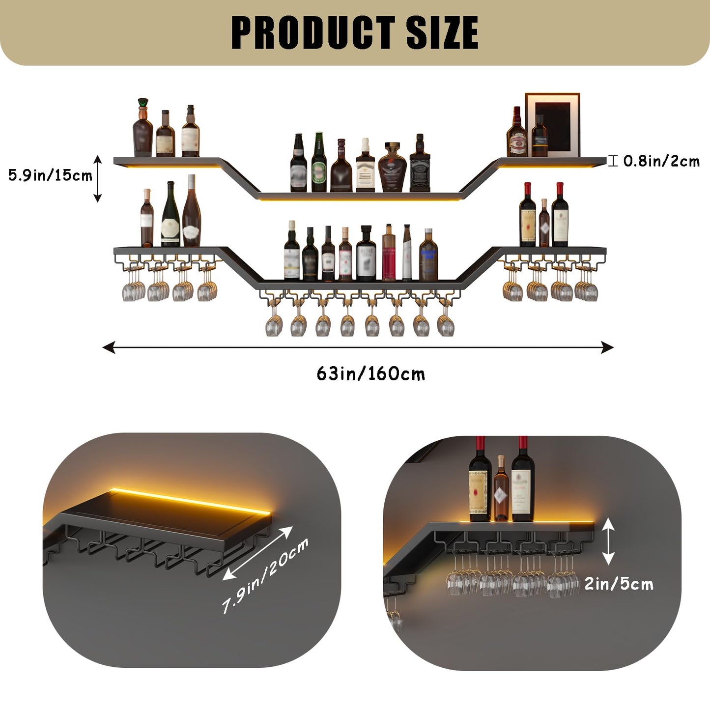 [Fully Assembled] 63" Modern LED Wine Rack Wall Mounted - No Assembly Needed 3-Tier Floating Bar Shelves with Wine Glass Rack & Hanging Liquor Shelf, for Home Bar Dining Room Cafe (Black, 63in/160cm)