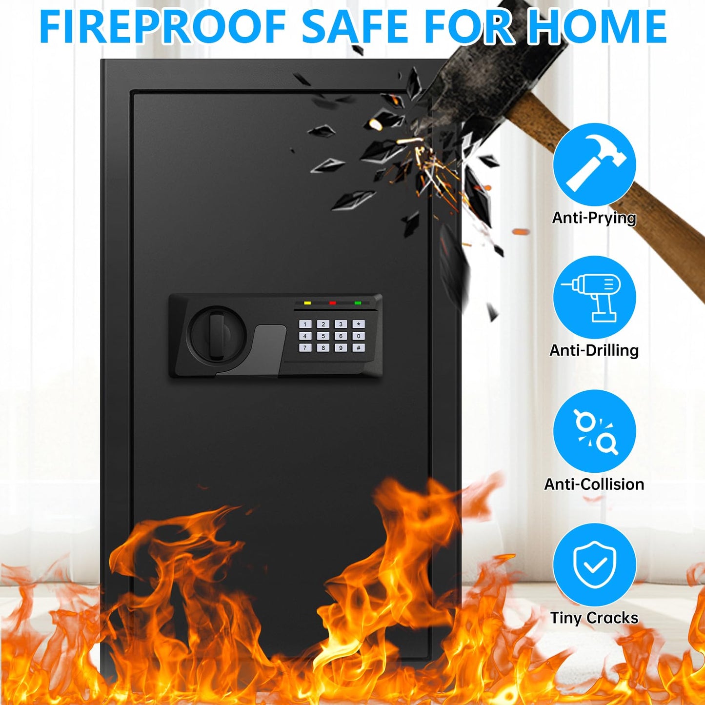 6.1 Cuft Large Fireproof Safe for Documents, Digital Security Personal Safety Box with Programmable Keypad, Spare Keys and Removable Shelf, Anti-Theft Fire Safe Box for Home Money Firearm Medicine
