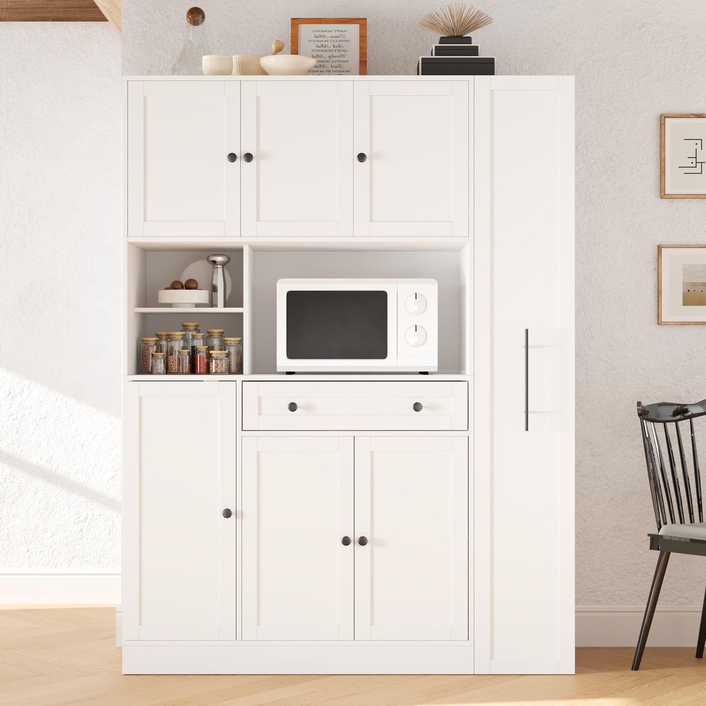 Merax 70'' Tall Traditional Freestanding Buffet with Hutch, Large Kitchen Pantry Storage Cabinet Cupboard with Pull-Out Side Cabinet, Door Shelves and Drawer, White